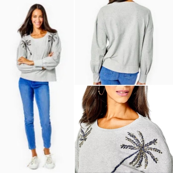 Lilly Pulitzer Tops - NWT Lily Pulitzer Tippie Sweatshirt Embellished Heathered Seaside Gray Large